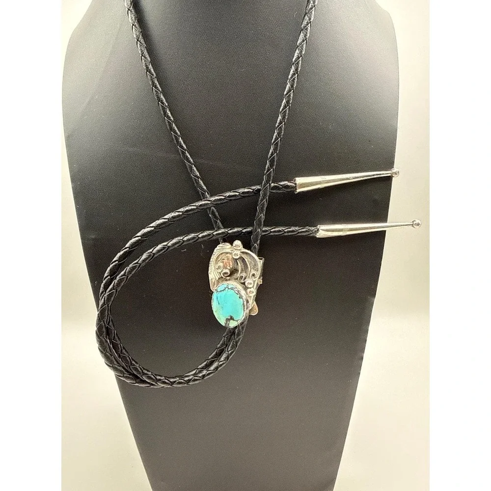 Navajo Signed Sterling Silver‎ Turquoise Bolo Tie Black Leather Cord Signed TG